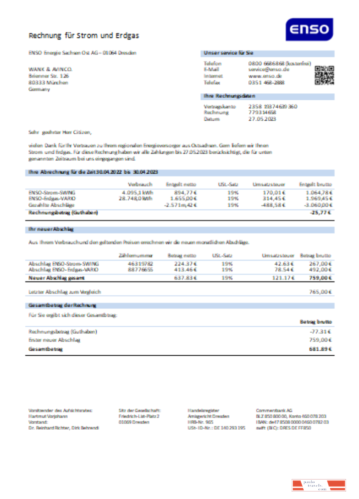 ENSO electricity utility business bill SCR PSD template